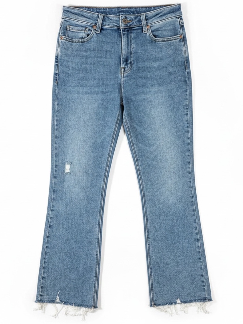 Cosmic Blue Love Distressed Crop Flare Jeans Size 6 Raw Hem Light Wash